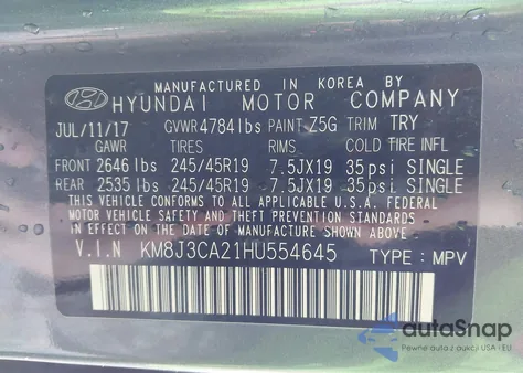 2017 Hyundai Tucson Value z USA, uszkodzony, nr VIN KM8J3CA21HU554645